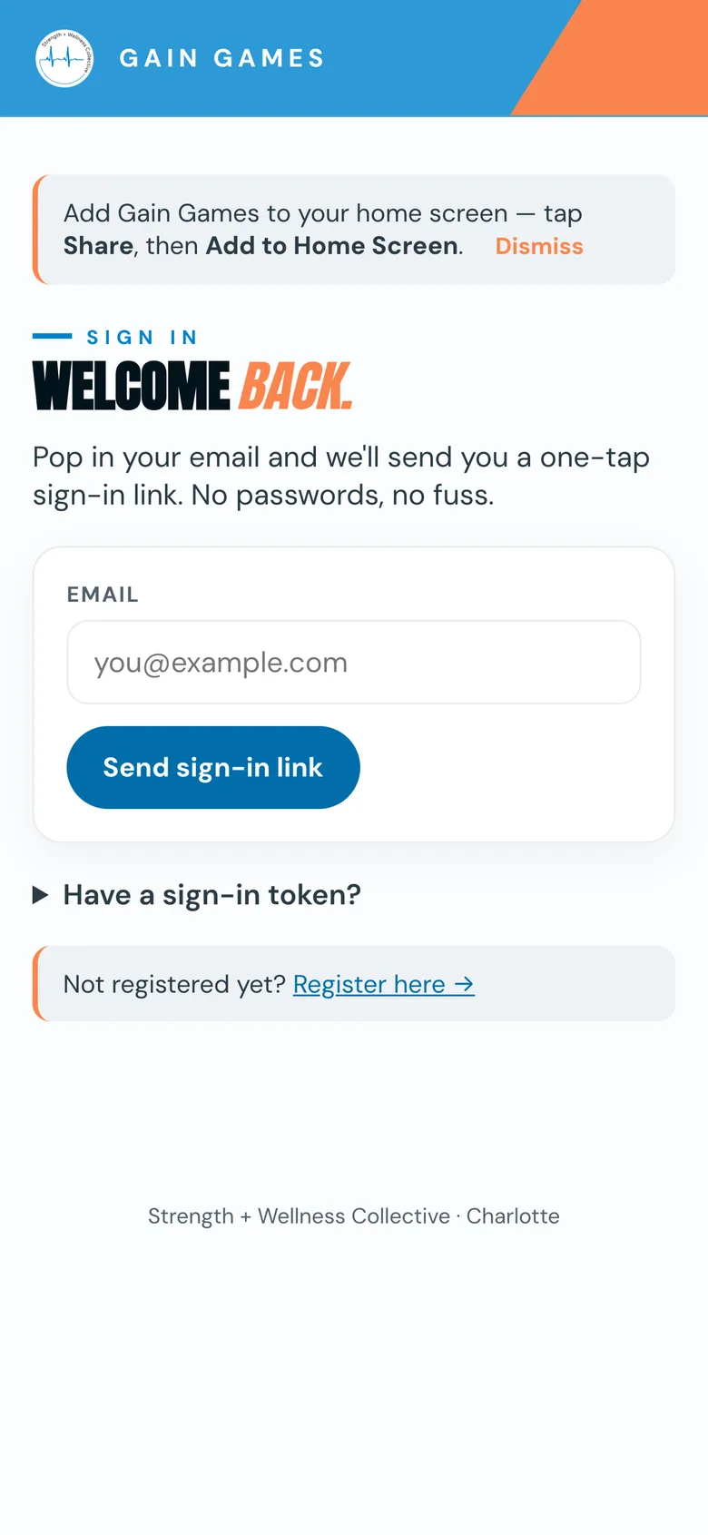 Gain Games app login — email field, magic link sign-in