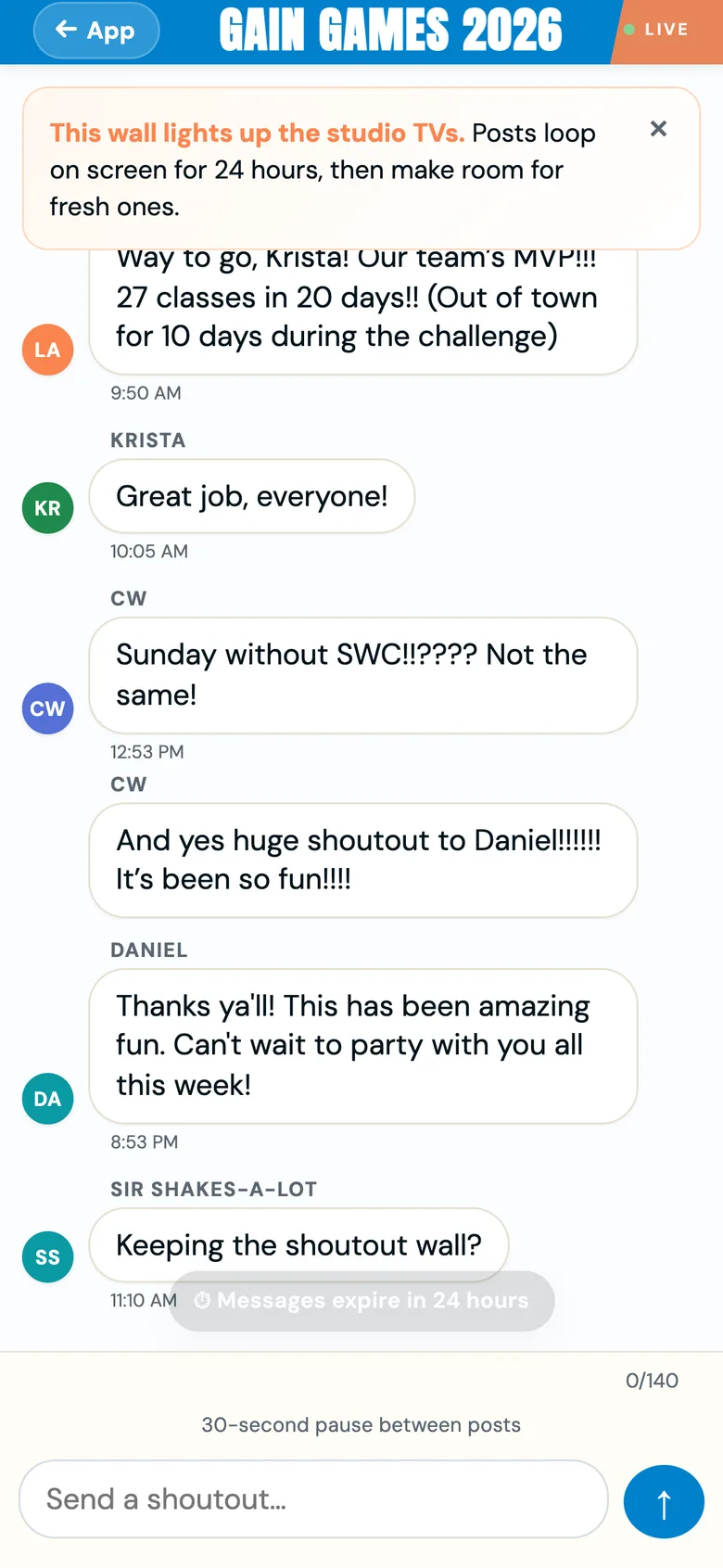 Shoutout Wall chat view on a phone